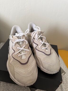 adidas Women's Athletic Sneakers in White and Light Beige with Lavender Trim